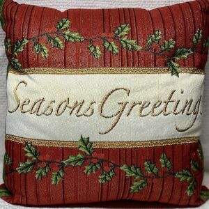 Burlap/Cotton Accent Throw Pillow "Seasons Greetings"  Cross Stitch 15"  Holiday
